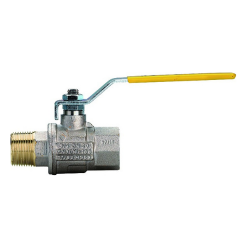 Guľový ventil RB 5981, páka, M/F - Mosadzný poniklovaný guľový ventil s plným prietokom a oceľovou pákou. Závity vonkajší/vnútorný podľa ISO 7.1 Rp x Rp. Tesnenie hriadele 2 x PTFE (teflón) a 1 x ,,O" krúžok NBR.
