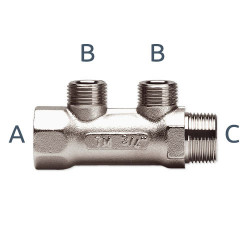 Rozdeľovač EUROTIS UNI 3/4 - 2 okruhy - Na vodu, kúrenie, solár a plyn. Vyrobené z poniklovanej mosadze. Telo rozdeľovača obsahuje vnútorný závit ISO 228G 3/4" a vonkajší závit ISO 7.1R 3/4". Vývody s čelnou dosadacou plochou na ploché tesnenie s vonkajšími závitmi ISO 228G B 1/2".